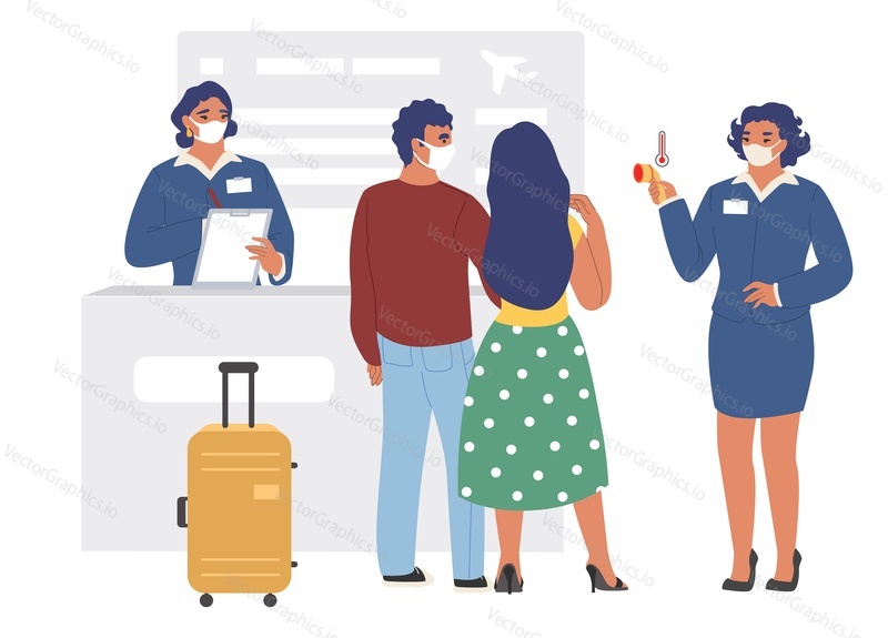 Health thermal screening procedure of passengers at the airport terminal check-in, flat vector illustration. New antiviral flight rules, new normal of air travel. Covid-19 disease spread prevention.