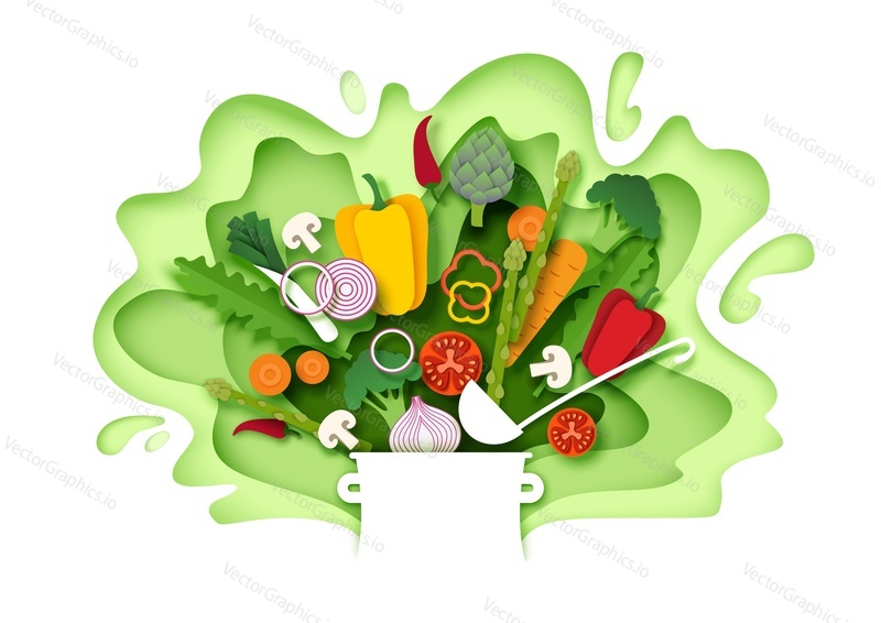Свежие овощи падают в кастрюлю. Векторная иллюстрация в стиле многослойной вырезки из бумаги. Приготовление пищи. Здоровая еда. Натуральная органическая еда для шаблона баннера постера меню.
