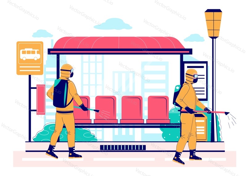 People in full hazmat suits disinfecting city street bus stop surfaces affected by corona virus, vector flat illustration. Corona virus cleaning and disinfection services. Infection spread prevention.