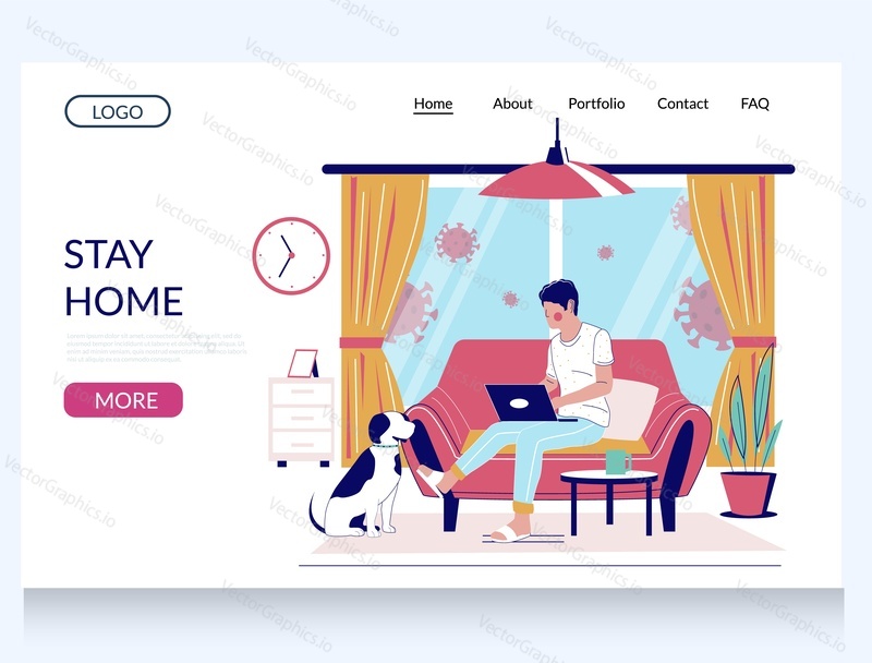 Stay home vector website template, landing page design for website and mobile site development. Man working on laptop sitting on sofa Self isolation remote work from home during coronavirus quarantine