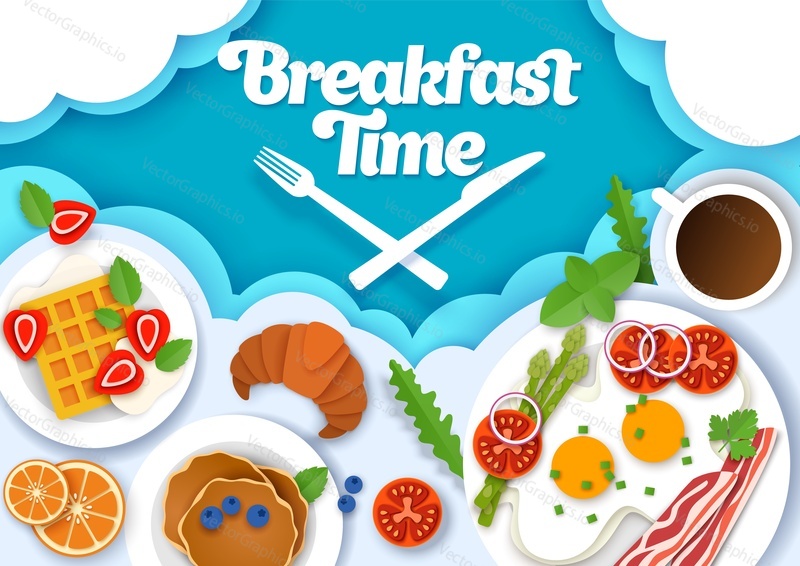 Breakfast time poster banner template. Vector layered paper cut style top view illustration. Coffee pancakes waffles croissant, fried eggs with tomatoes bacon. Fresh delicious breakfast foods for menu