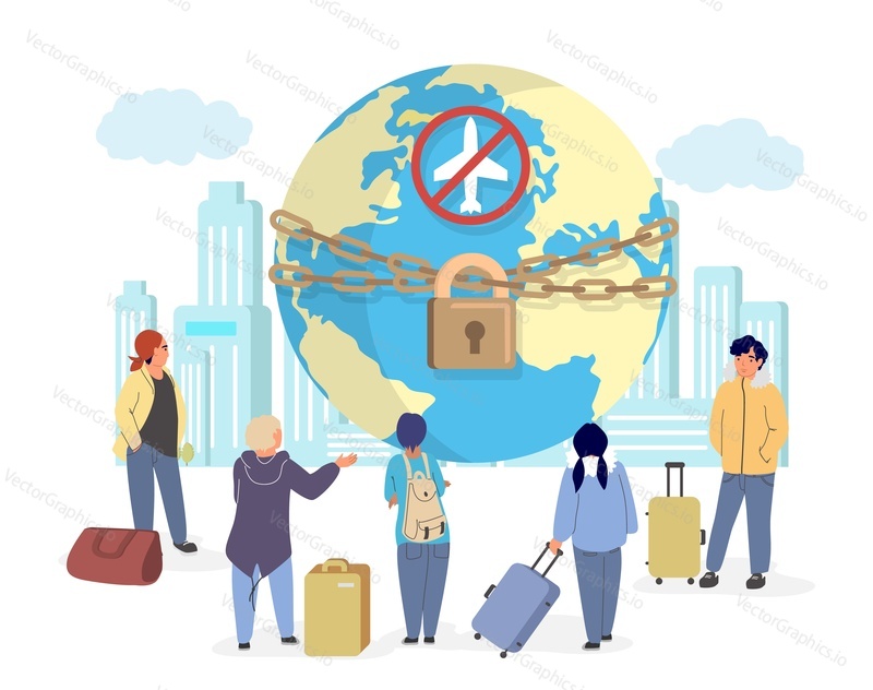 Avoid travel to stop global coronavirus pandemic, vector flat illustration. World facing pandemic from novel covid-19 corona virus. Tourists standing around the world globe with closed country borders