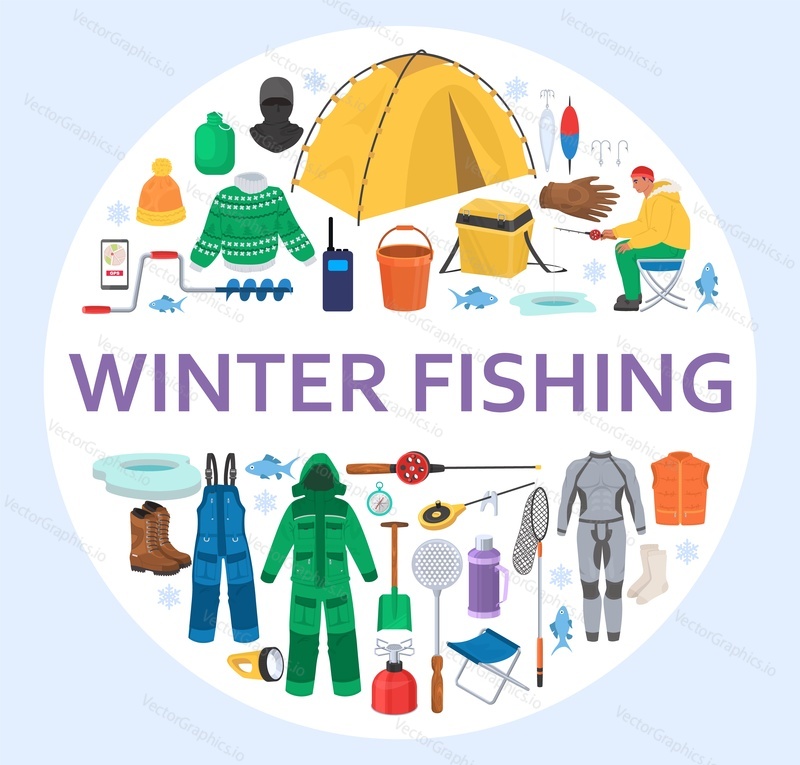 Winter fishing equipment circle composition, flat vector isolated illustration. Warm clothes, boots, gloves. Fishing tackle and accessories. Ice fishing gear set.