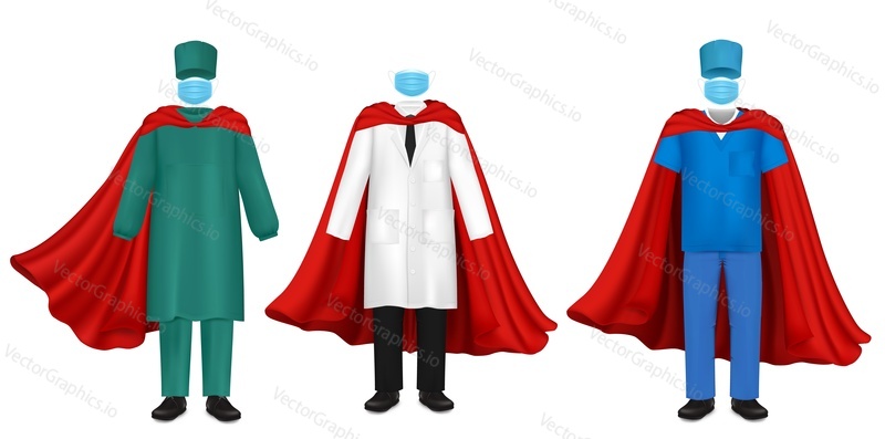 Doctor super hero ready to fight against novel corona virus disease COVID-19, vector flat illustration. Healthcare professionals in medical scrub, white gown, mask hat red cloak. Corona virus pandemic