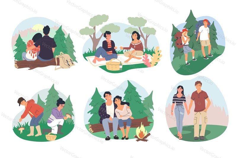 Happy couples having picnic, gathering mushrooms, hiking, sitting at fire in forest, vector flat isolated illustration. People camping, walking holding hands. Forest camp, summer outdoor activity.