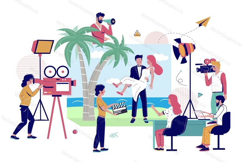 Music clip production, flat vector illustration. Camera crew shooting clip with happy couple on beach. Videography, short video film making, movie production.