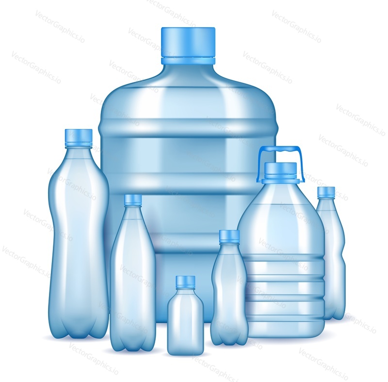 Realistic plastic water bottles, vector illustration. Pure drinking water packaging bottles of various sizes and shapes for cooler dispenser and retail.