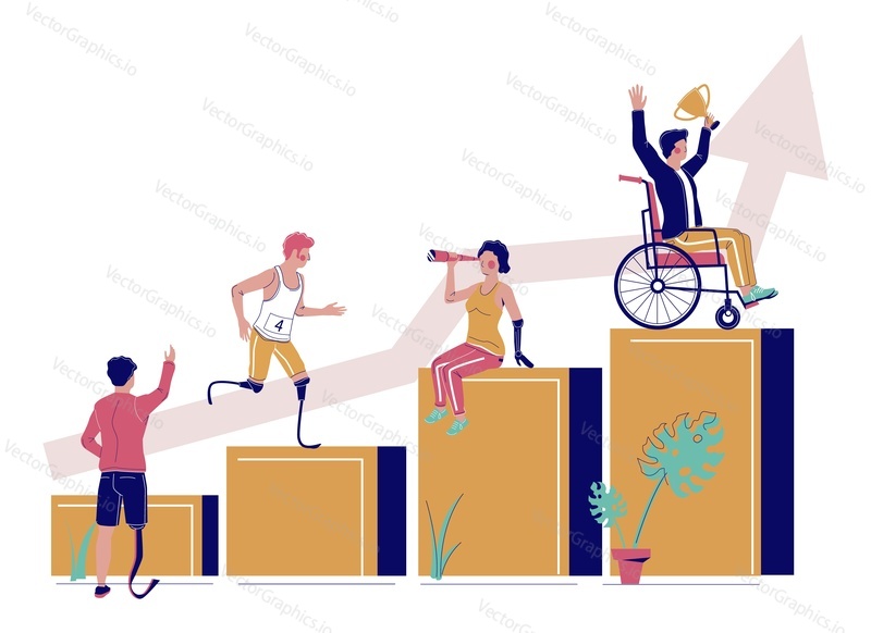 Disabled people achieving success in business, vector flat illustration. Successful employees climbing raising bar graph using wheelchair, artificial arm and leg prosthetics. Business career concept.