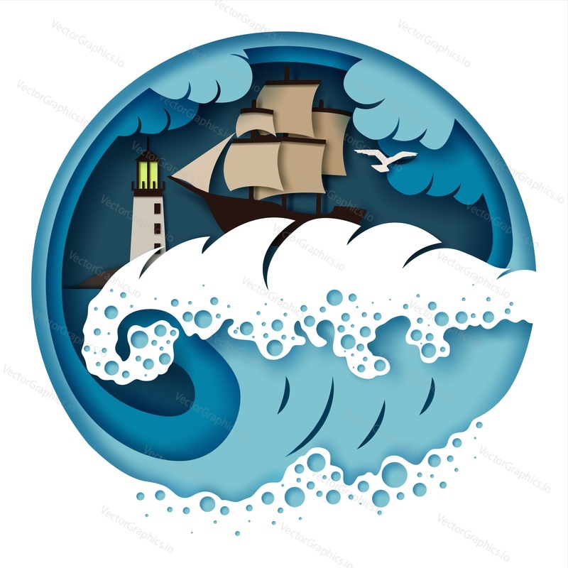 Парусник, плывущий по бушующей океанской волне с маяком, чайкой, векторной иллюстрацией в стиле бумажного искусства. Парусный корабль и штормовое море, путешествие, приключение, концепция морской навигации.