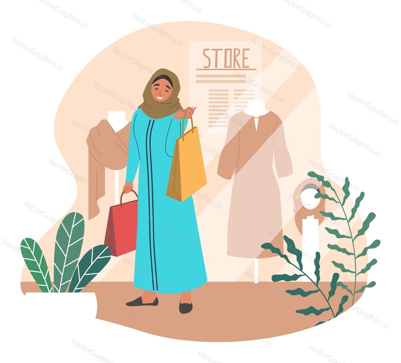 Beautiful muslim woman with shopping bags, flat vector illustration. Young arab girl wearing traditional arabic dress and hijab shopping in retail clothing store, fashion boutique.