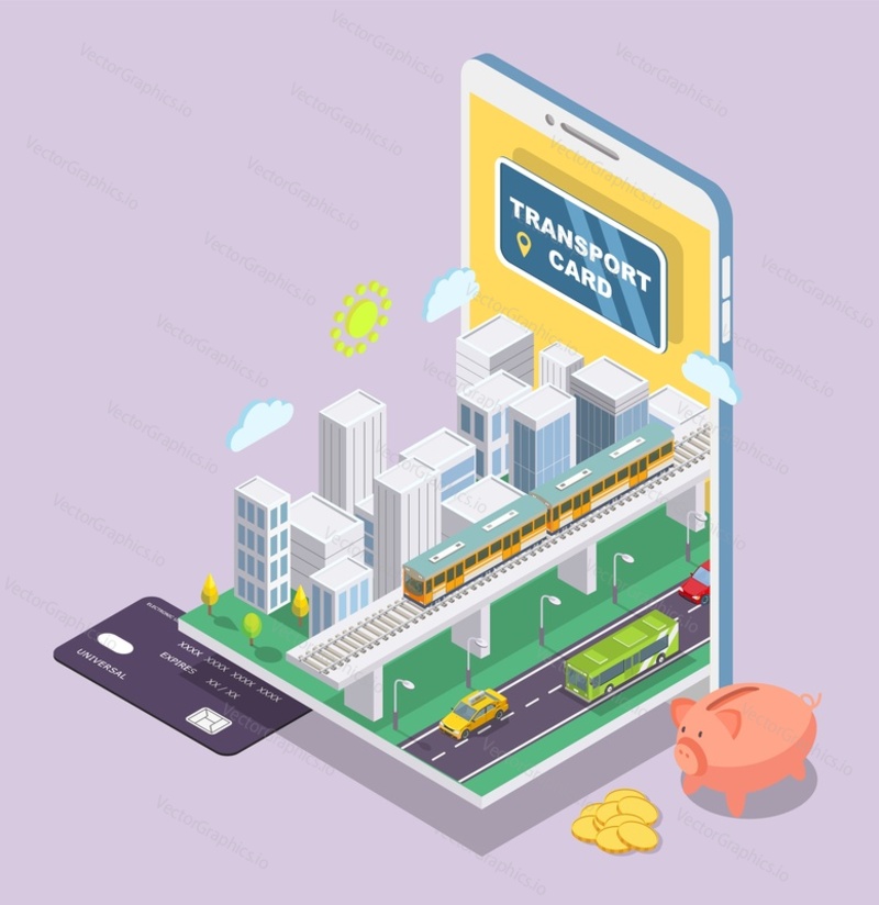 Isometric public transport card, city buildings, bus, metro train, smartphone, flat vector illustration. Electronic ticketing payment. Contactless smart card technology.