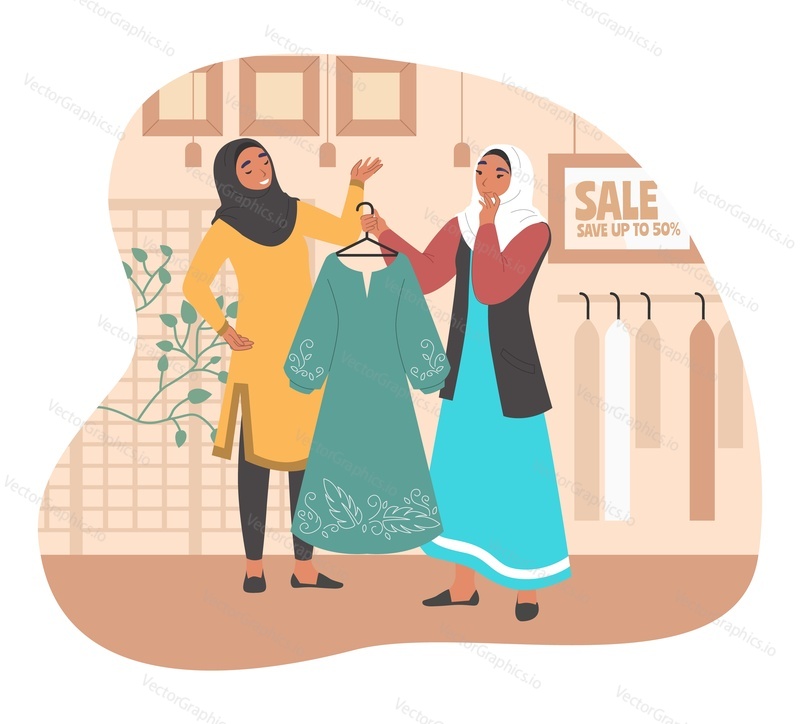 Happy muslim girl shopping in women clothing store, flat vector illustration. Young arab woman wearing traditional clothing and hijab choosing modern dress with shop assistant in fashion boutique.