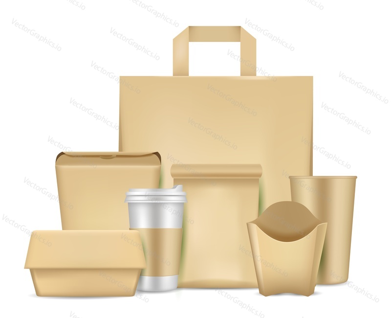 Eco friendly paper package set, vector illustration. Realistic natural shopping bag, coffee cup, stand up pouch, food packaging container. Kraft paper packaging. Eco lifestyle, no plastic pollution.