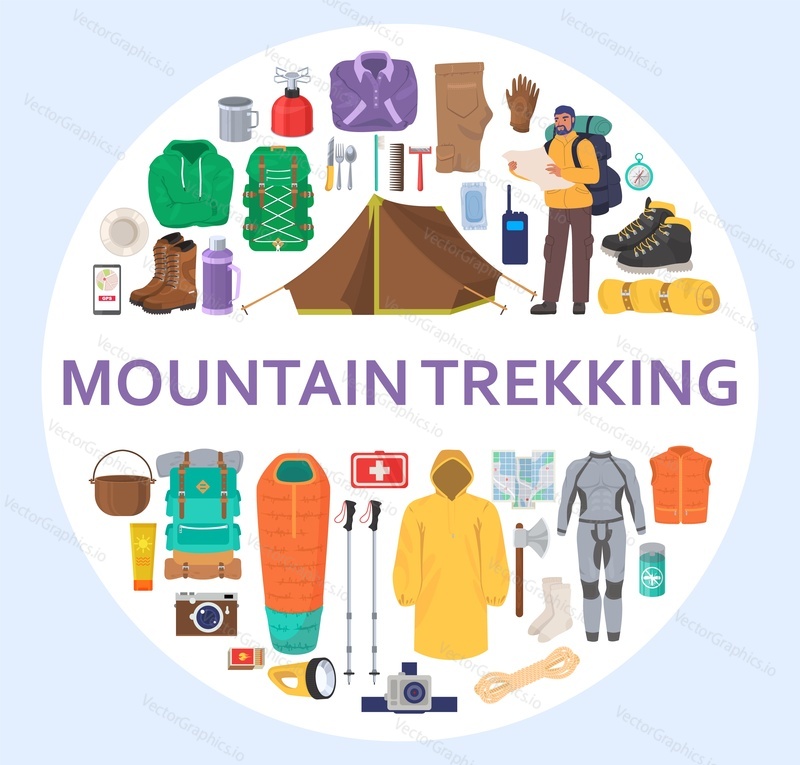 Mountain trekking equipment set, flat vector isolated illustration. Hiking and camping gear circle composition. Outdoor clothes, shoes for climbing, hiking, mountaineering. Tools for campfire cooking.