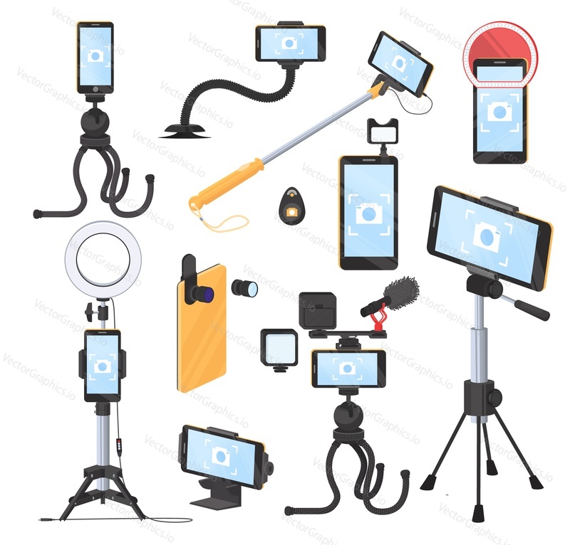 Mobile phone photo and video accessories, flat vector illustration. Smartphone holder, lenses, camera attachments. Selfie stick tripod, monopod. Smartphone photography and video equipment.