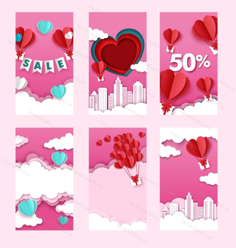 Valentines Day sales social media stories, posts vector template. Heart shape hot air balloons with gifts flying in the sky. Creative paper cut vector art illustration for poster, banner, cover, card.