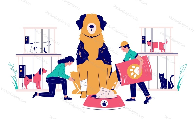 Pet shelter vector concept flat style design illustration. Male and female characters volunteers caring for homeless dogs and cats in pet shelter. Animal adoption center or animal pound.