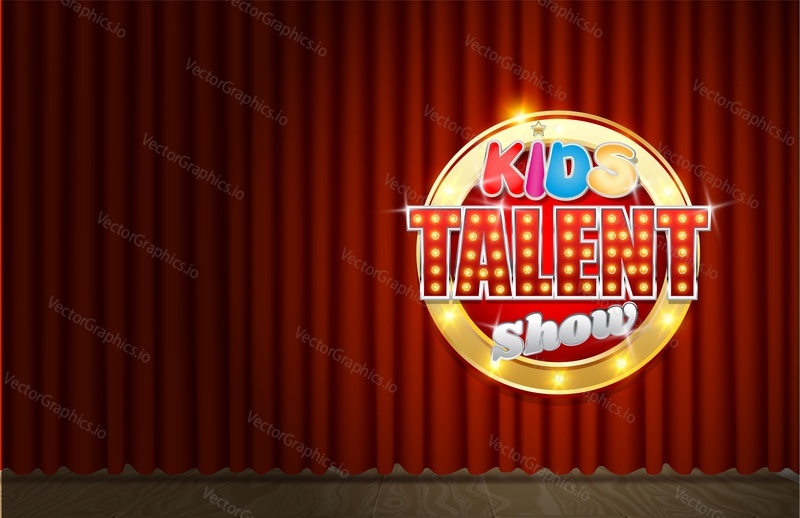 Kids talent show scene, vector illustration. Realistic theatrical stage, sign with glowing light bulbs on red velvet curtain. Children talent show tv program.