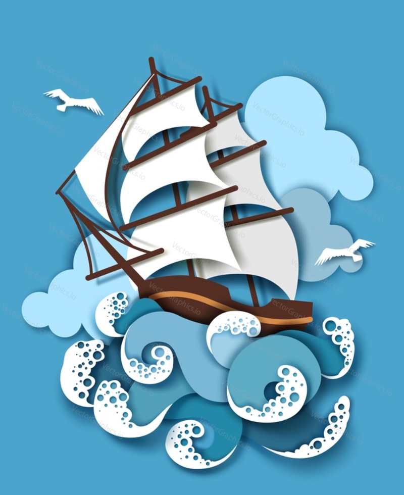 Sailing ship in storm, vector illustration in paper art craft style. Sailboat and raging sea waves. Travel, adventure, sea tour concept.