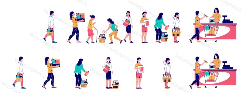 People waiting in line at store, vector flat illustration. Supermarket shoppers standing right behind people in one line and following social distancing rules, wearing face masks in other queue.