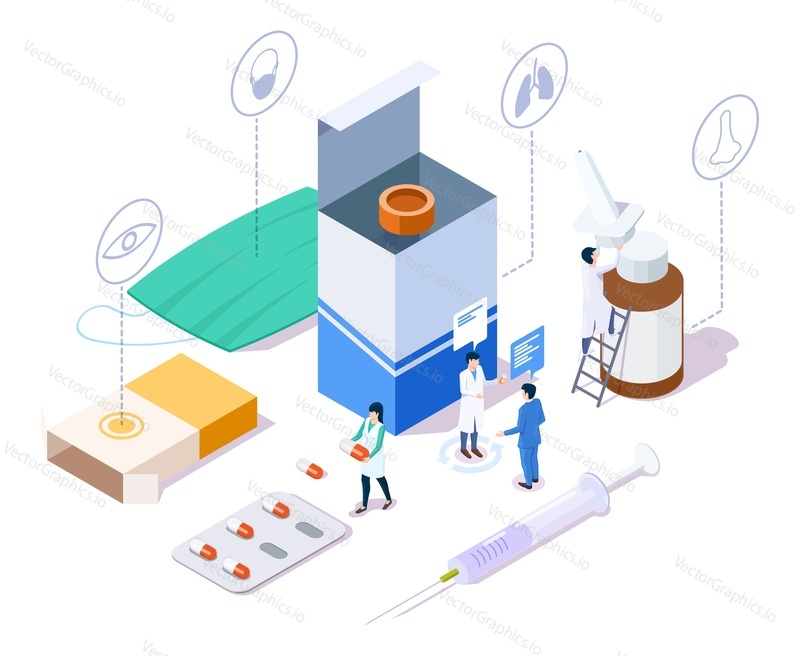 Pharmacy store concept with characters and various types of drugs, medical supplies, vector illustration. 3d isometric medicine pills and bottles, face mask, syringe. Drugstore, medical clinic store.