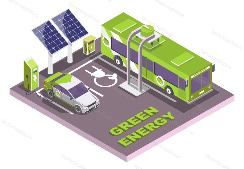 Isometric eco transport, electric vehicle charging station with solar panels, flat vector illustration. Electromobile and city public bus. Green energy.