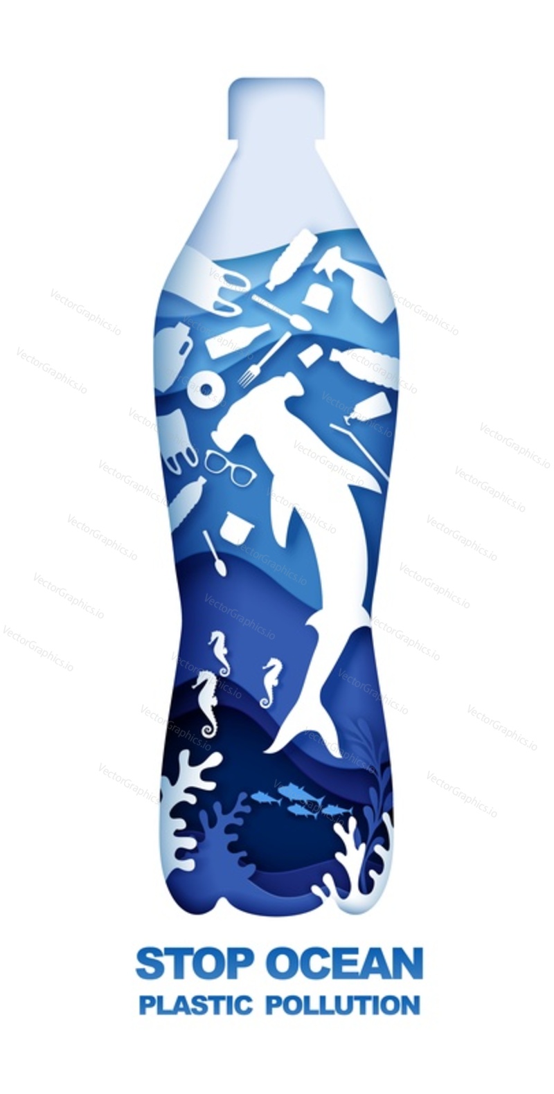 Stop ocean plastic pollution. Vector illustration in paper art style. Water bottle with marine animals and plastic trash inside. Ocean environmental problem, ecology, save planet Earth.