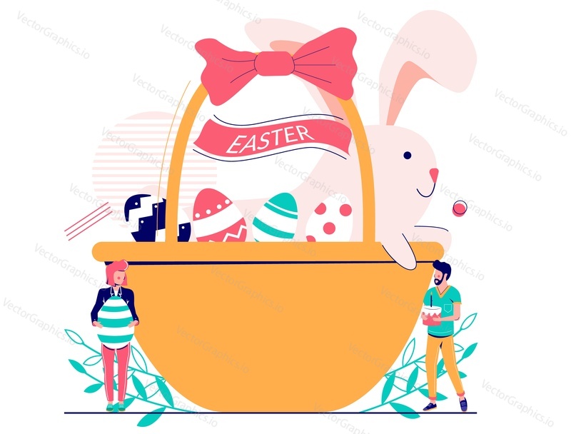 Easter basket with cute rabbit and painted eggs, place for text, man and woman with Easter cake and egg, vector flat illustration. Spring holiday festival composition for poster, banner etc.