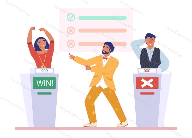 TV quiz show with host and two participants, clever boy and girl answering questions, flat vector illustration. Contestants playing quiz game show on television. Happy girl winning competition.