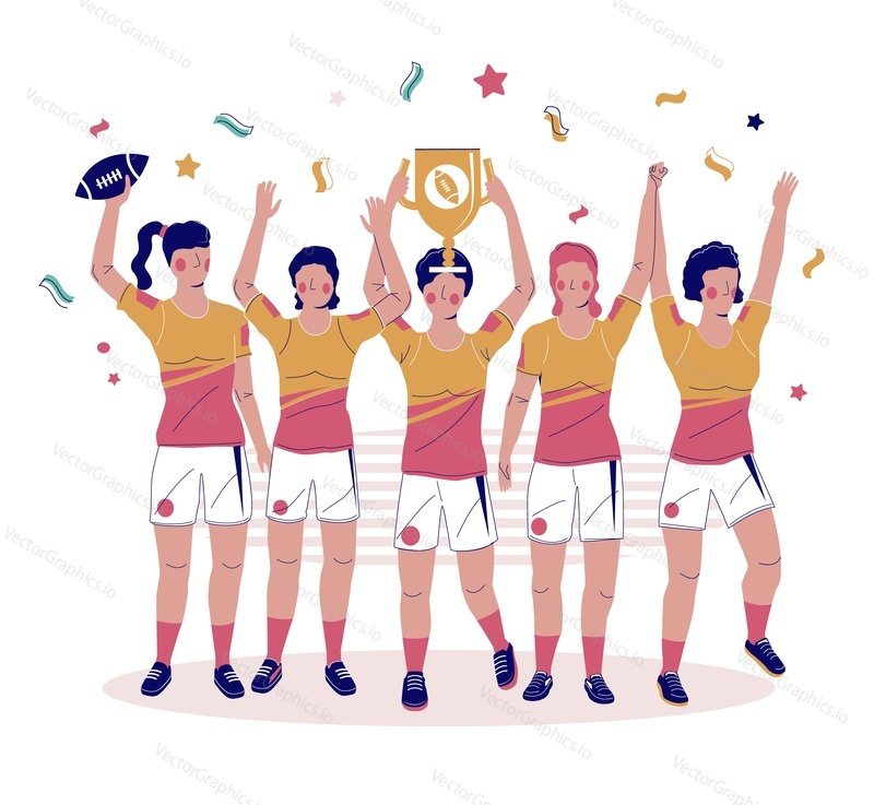 Women rugby championship, tournament, vector flat illustration. Winner team celebrating victory with gold trophy cup. Happy girls winning rugby world cup.