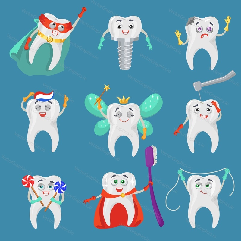 Funny tooth cartoon character set, flat vector isolated illustration. Happy healthy and sad unhealthy teeth with human faces. Dental mascot, emoji, smile, super hero emoticon. Kids dentistry.