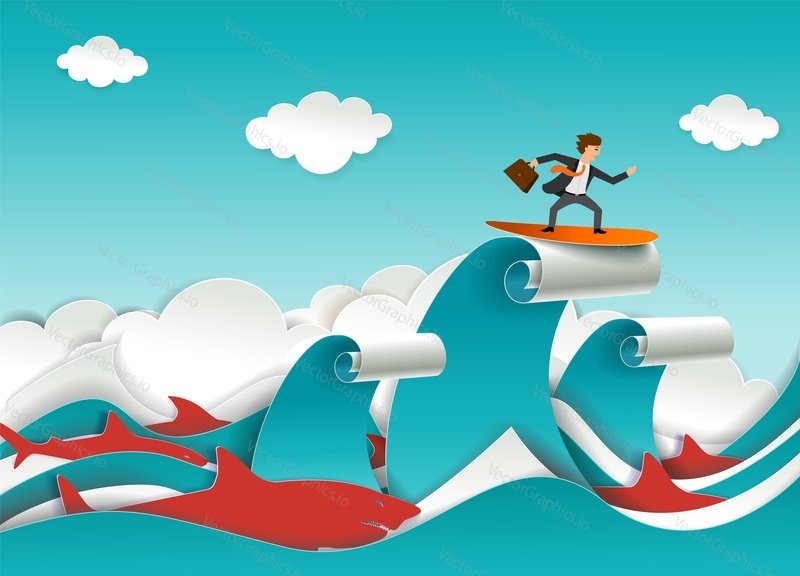 Businessman with briefcase accompanied by predatory shark fish surfing ocean waves. Vector illustration in paper art craft style. Challenge, business competitors concept.