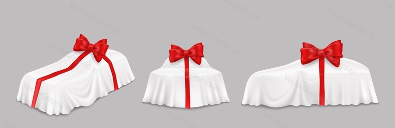 New car surprise gift reveal, vector isolated illustration. Vehicle covered with realistic white unveiling cloth., red ribbon with bow. Auto show, car present reveal event.