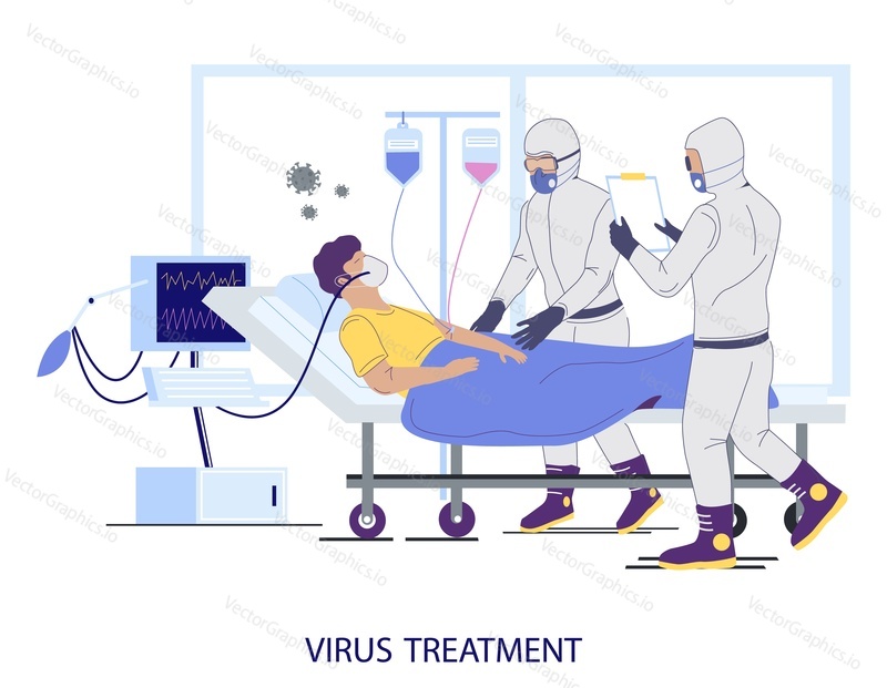 Virus treatment concept vector flat illustration. Doctors in full hazmat suits providing medical help in hospital ICU room to patient suffering severe acute respiratory corona virus disease COVID-19.