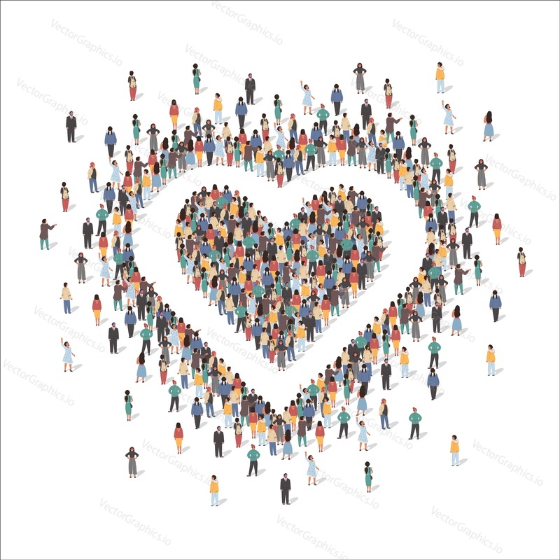 Large group of people forming human heart shape symbol standing together, flat vector illustration. People crowd gathering. Love, appreciation symbol.