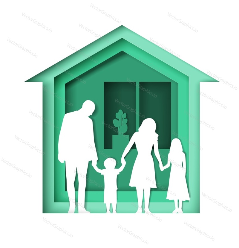 House building with family silhouettes, vector illustration in paper art style. Happy family buying, renting new home. Residential real estate company services.