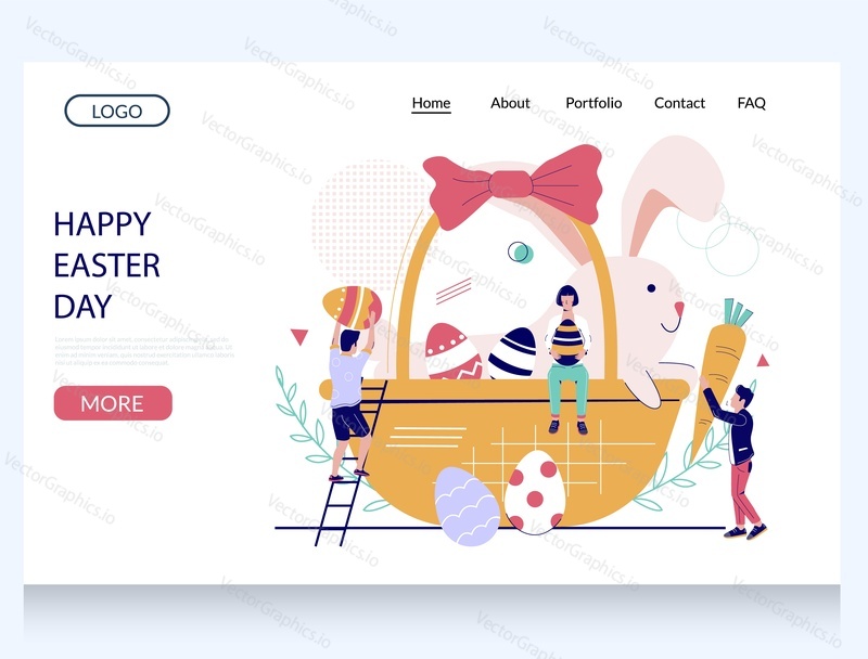 Happy Easter Day vector website template, web page and landing page design for website and mobile site development. Happy people preparing Easter basket for festival and holiday celebration.
