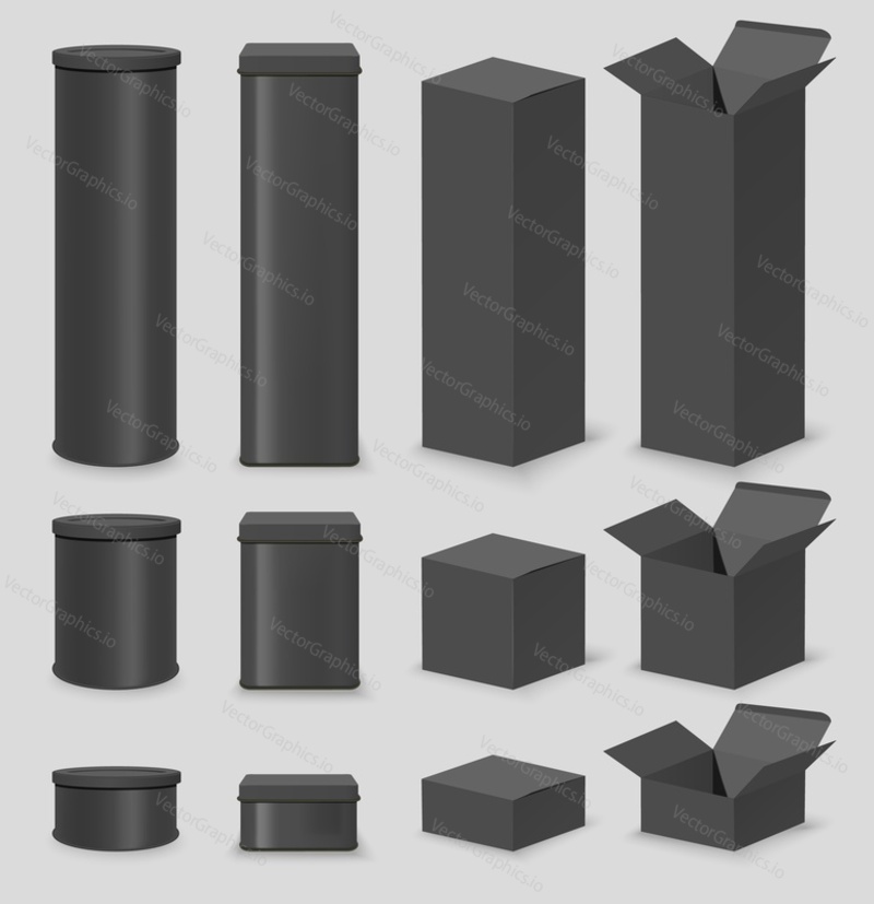 Black cardboard box mockup set, vector isolated illustration. Realistic open and closed, round and rectangular, cylinder tube packaging containers, gift boxes in different sizes.