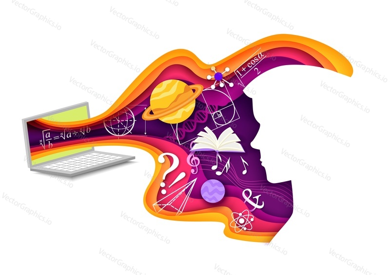 Vector layered paper cut style science learning composition. Human head silhouette, laptop with astronomy physics mathematics science formulas, symbols. E-learning, online education, digital learning.