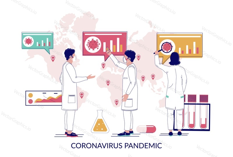 Пандемия коронавируса, векторная плоская иллюстрация. Врачи, медицинские специалисты анализируют статистику распространения респираторных заболеваний, вызванных вирусом короны, по всему миру. Новый вирус, выявленный в Ухане, распространяется по всему миру.