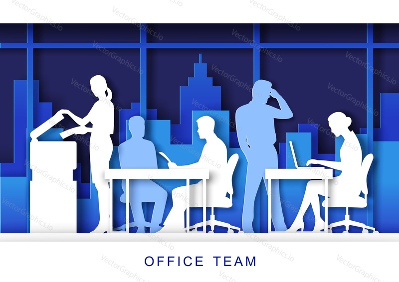 Office life scene, vector illustration in paper art craft style. Business people silhouettes thinking, working on computers, photocopying and scanning documents. Daily routine, office situations.