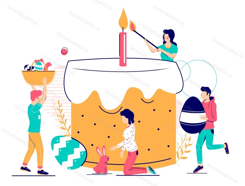 Micro characters carrying big Easter basket, painted egg, lighting candle on huge Easter cake with icing, vector flat illustration. Spring holiday celebration concept for web banner, website page etc.