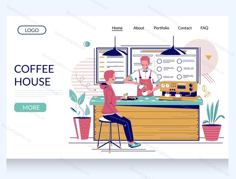 Coffee house vector website template, web page and landing page design for website and mobile site development. Barista making coffee for young man sitting at bar counter.