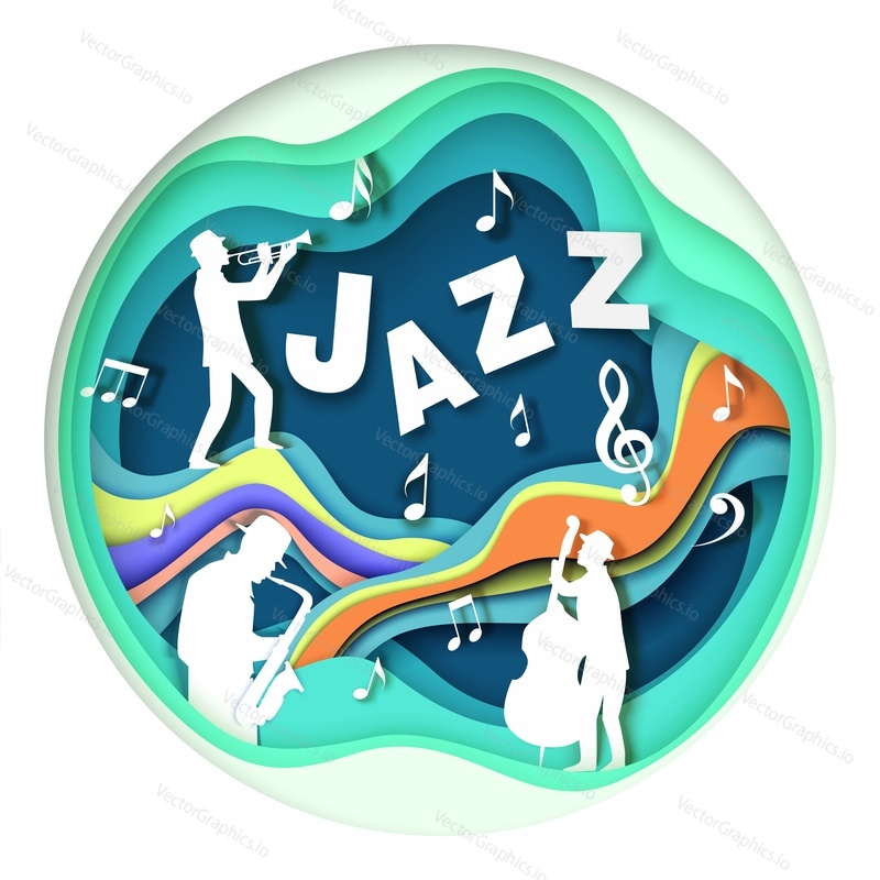 Paper cut craft style musicians silhouettes playing trumpet, saxophone and double bass, vector illustration. Jazz day, festival, night blues party, music concert.