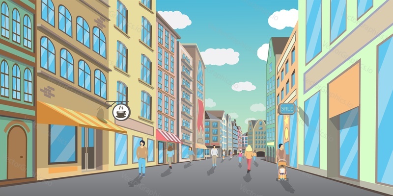 People walking along beautiful city street, vector flat illustration. Male and female characters walking down pedestrian shopping street with wide range of shops, boutiques and cafe.