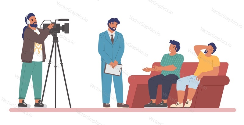TV talk show. Male cartoon characters, host interviewing guests, two participants sitting on couch, cameraman shooting video, flat vector illustration. Live chat show program on television.