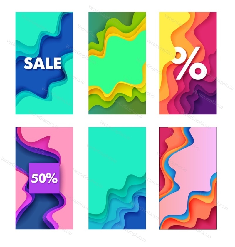 Sales and discounts social media stories, posts vector template. Abstract dynamic shape style backgrounds with copy space. Creative paper cut vector art illustration for poster, banner, cover, card.