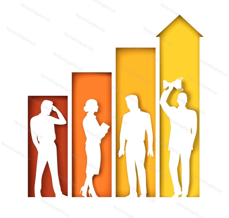 Increasing bar graph with business people silhouettes, vector illustration in paper art craft style. Business growth, career, achievements.