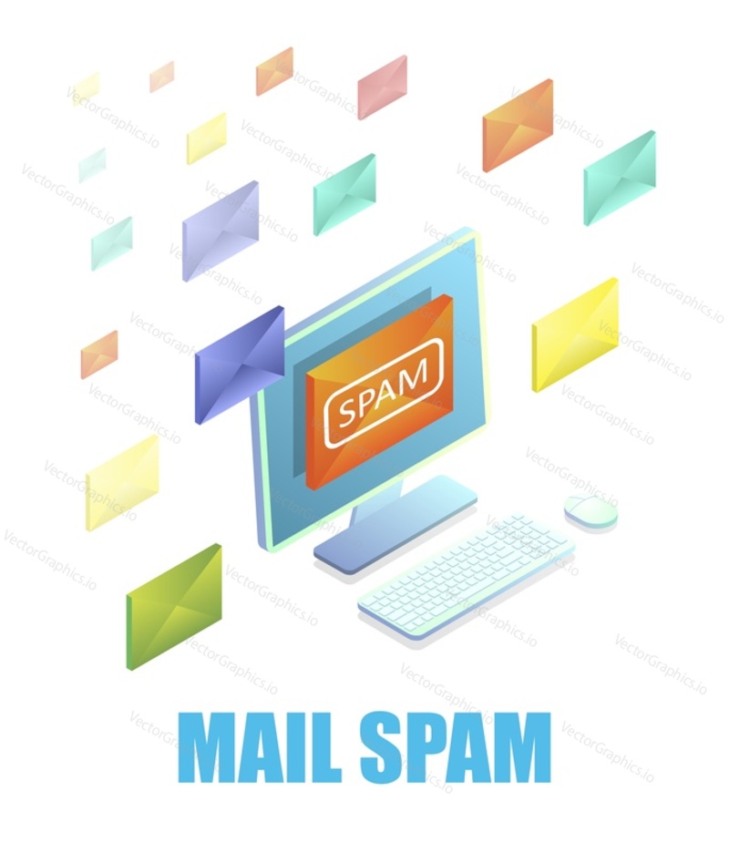 Email spam. Isometric computer with a lot of mail messages, vector illustration. Email spamming, phishing attack used to steal user data.