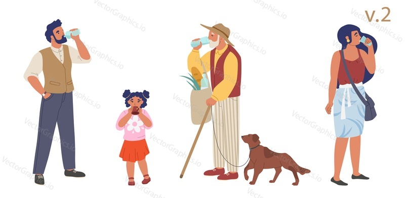 People of different ages drinking water, vector flat isolated illustration. Young man and woman, girl kid, grandfather feeling thirsty, drinking clean fresh water from plastic bottles, glass and cup.